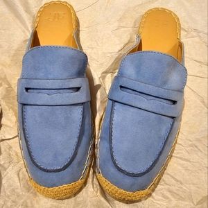 Just Fab baby blue suede mules.